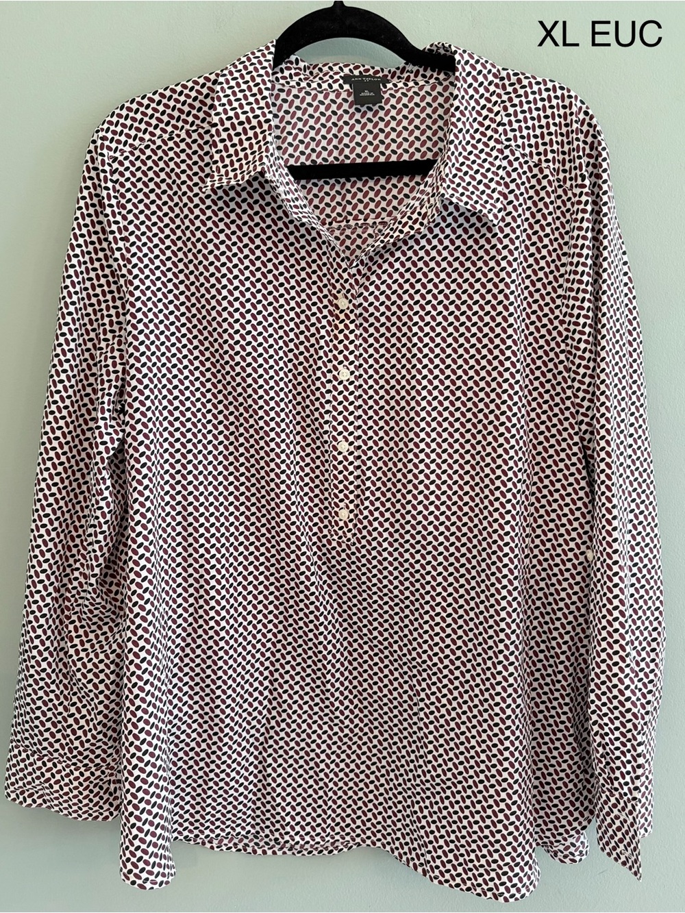 Collared Long Sleeve Geometric Print Blouse - Burgundy & White
